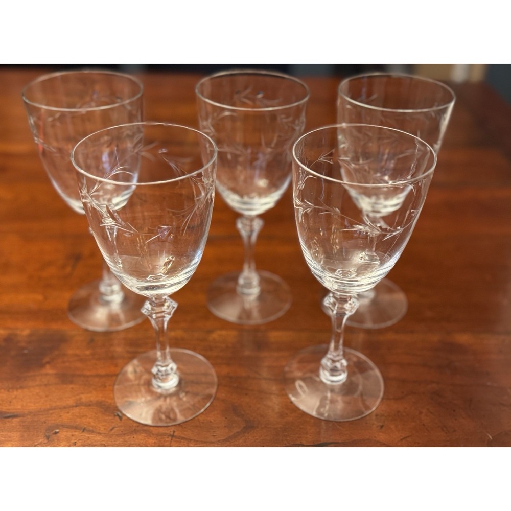 Set of 5 Courtship Water Goblets Polished, Cut by Tiffin-Franciscan Blown Glass